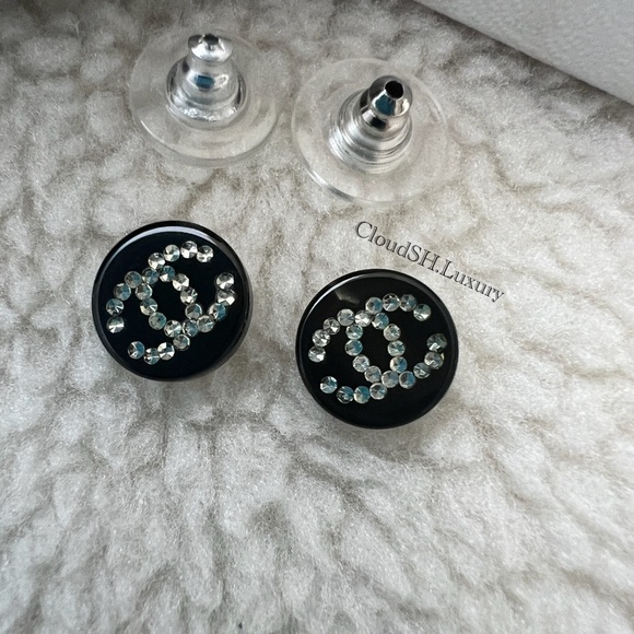 Auth Chanel Classic Crystal CC logo Black Mini Resin Studs Earring - Picture 2 of 5